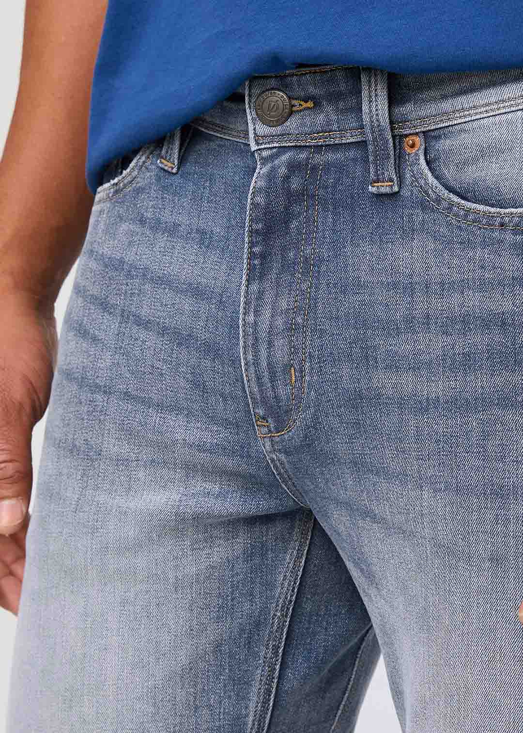 mens faded straight fit stretch jeans front waistband detail