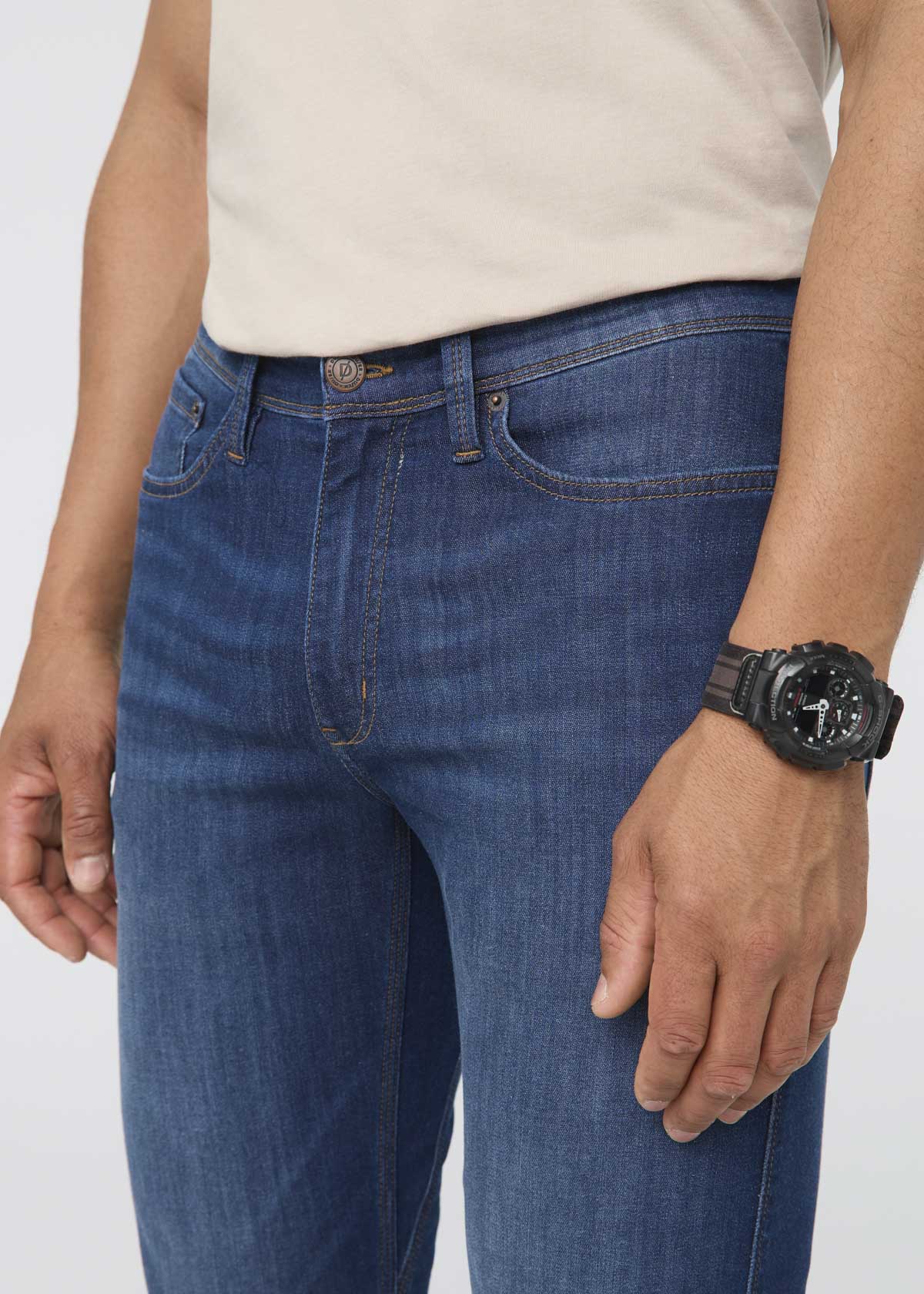 mens performance denim lite slim straight worn in indigo front waistband