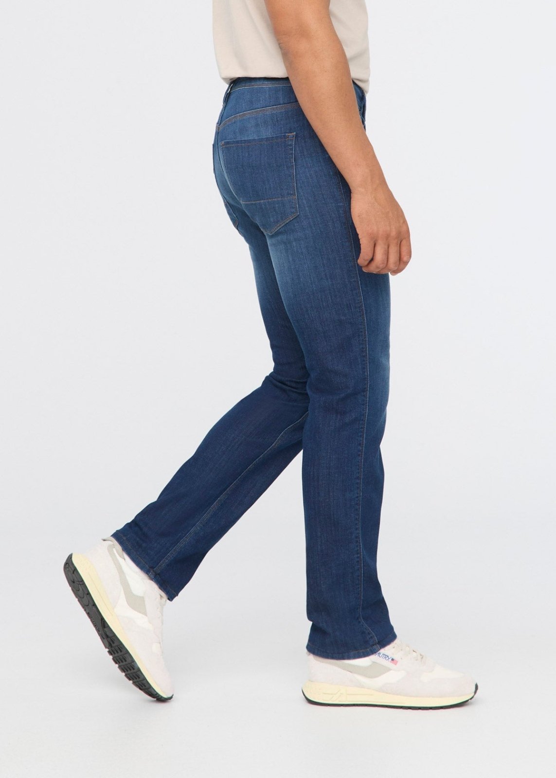 mens performance denim lite slim straight worn in indigo side