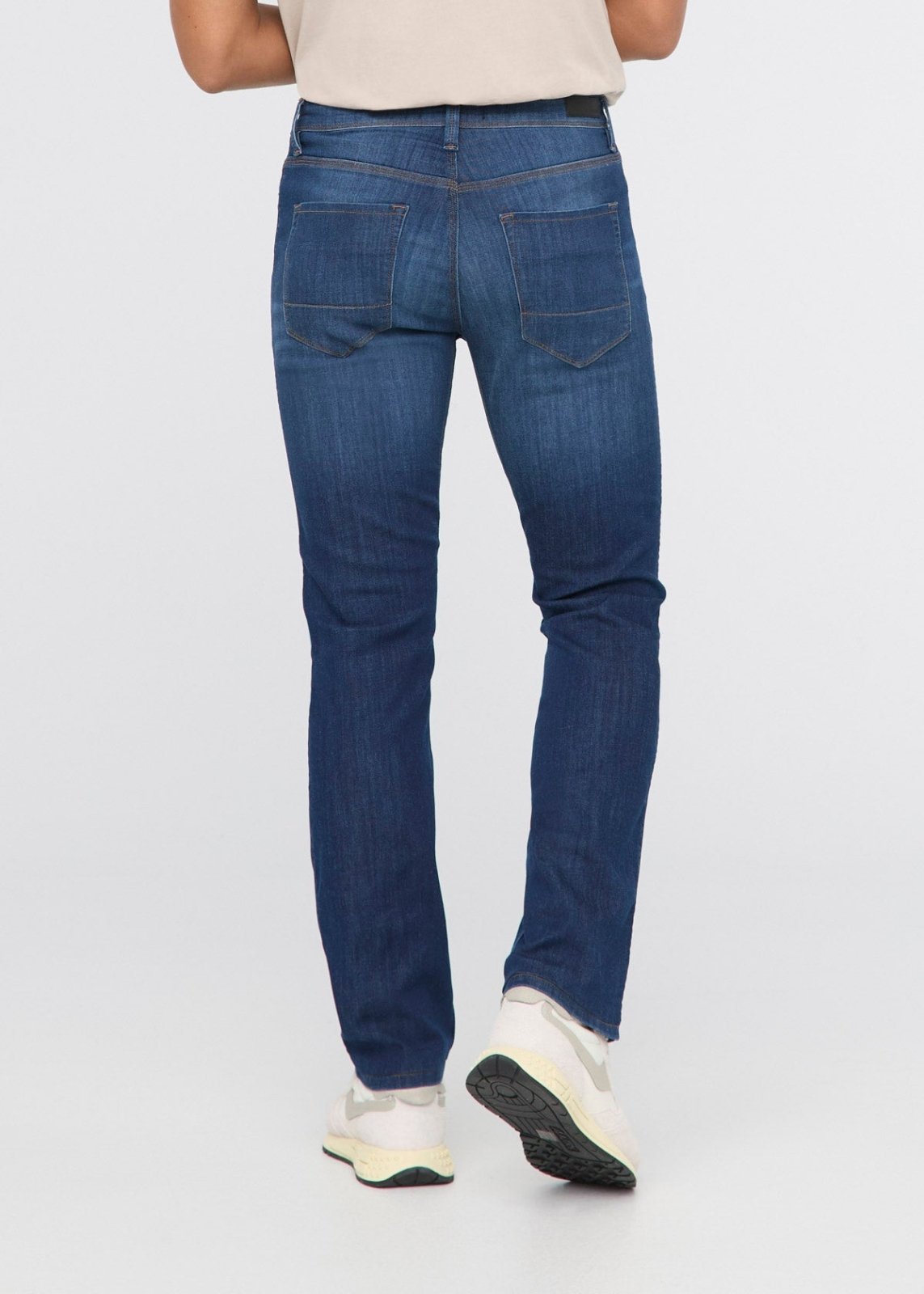 mens performance denim lite slim straight worn in indigo back