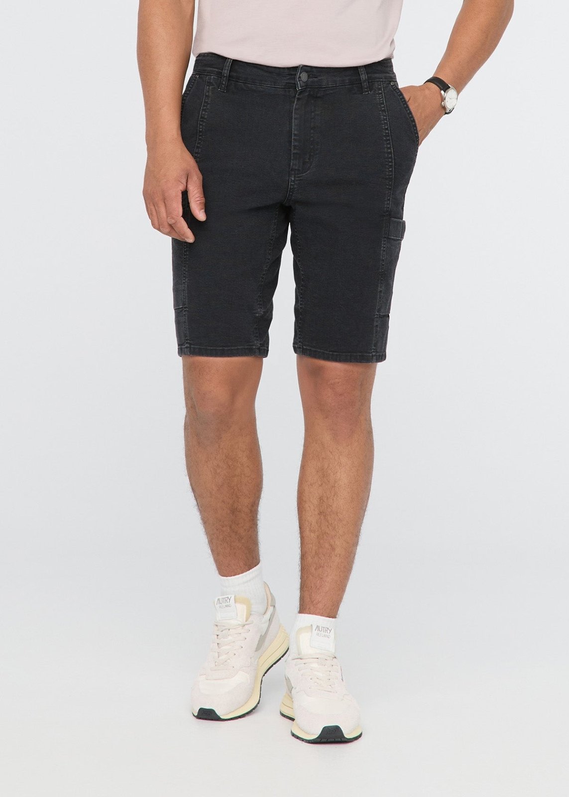 mens black stretch canvas cargo shorts front