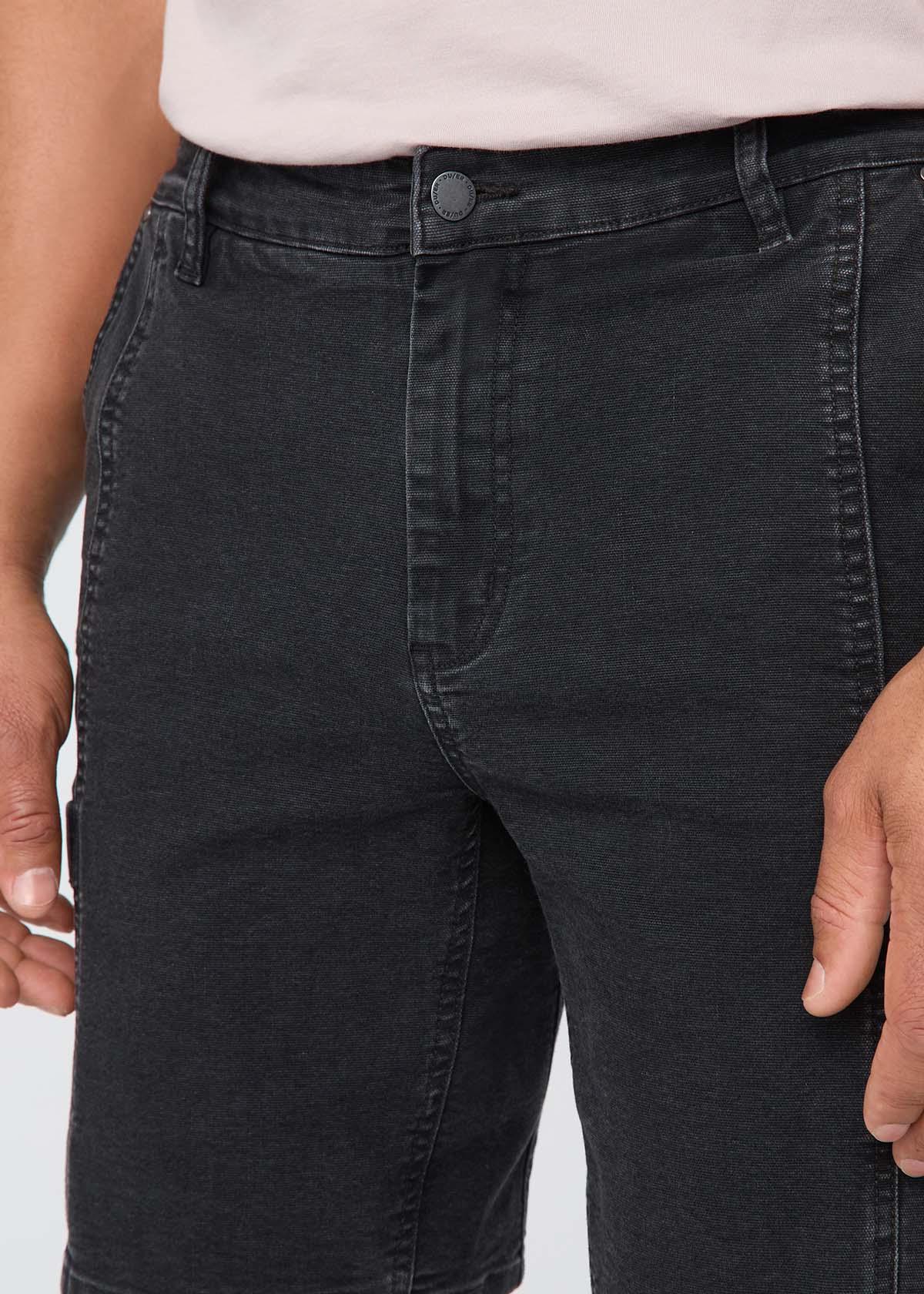 mens black stretch canvas cargo shorts front waistband detail