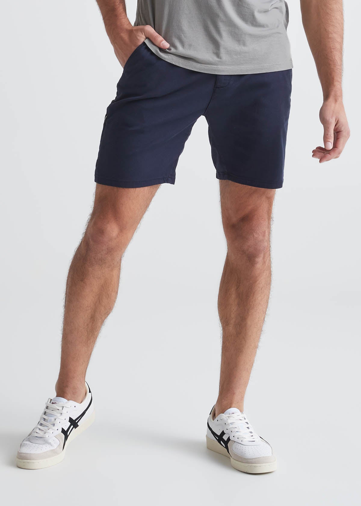 mens dark blue slim fit lightweight shorts front 7&quot; inseam