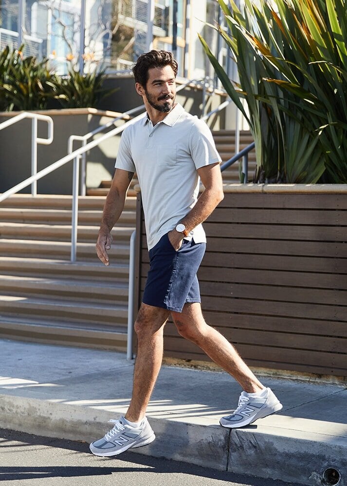 mens dark blue slim fit lightweight shorts full body lifestyle