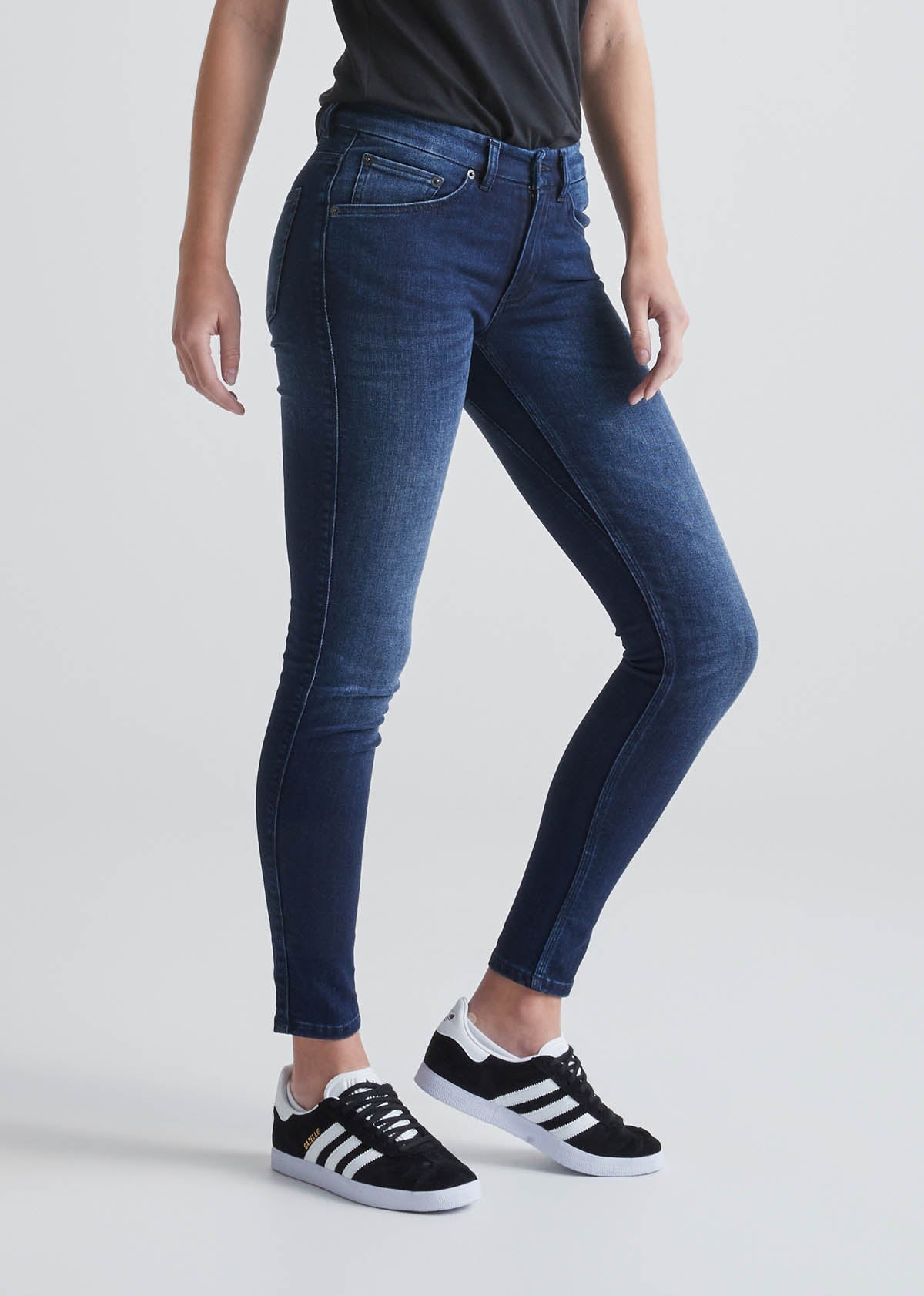 womens dark wash skinny fit stretch jeans side