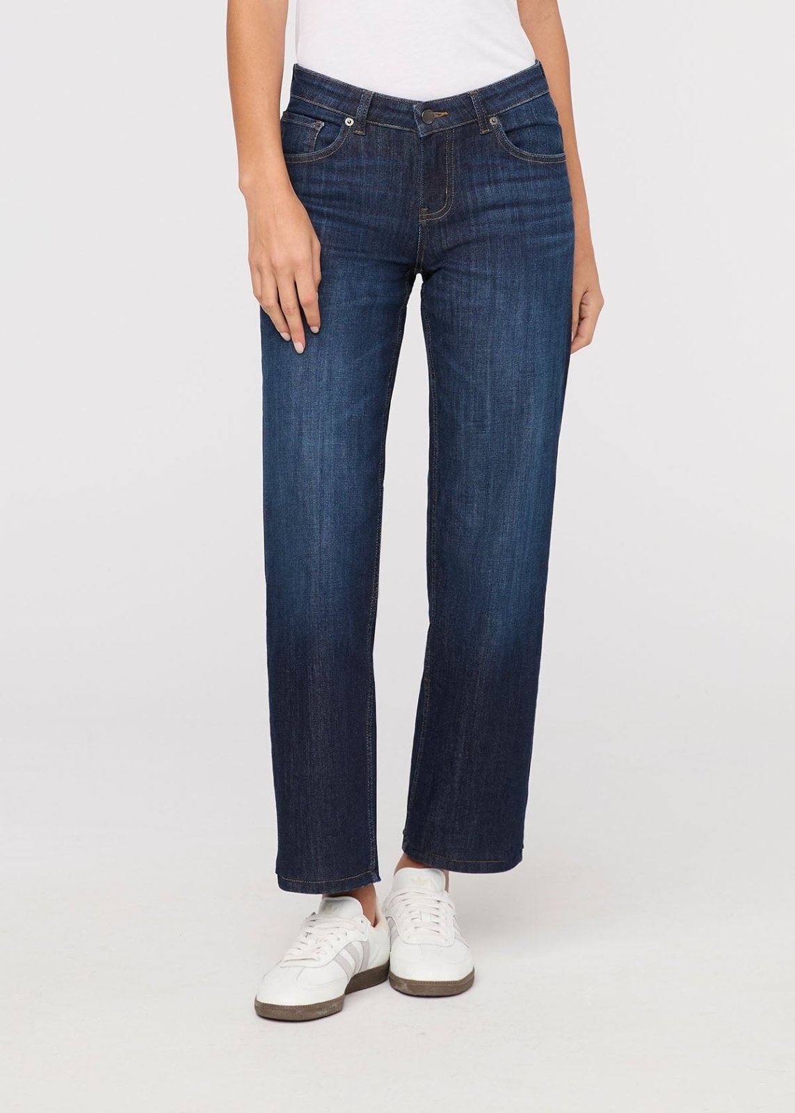 womens marina blue mid rise straight stretch jeans front
