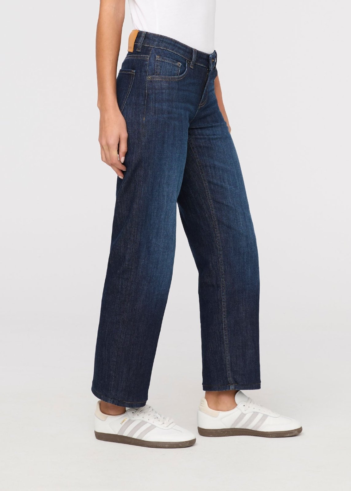 womens marina blue mid rise straight stretch jeans side