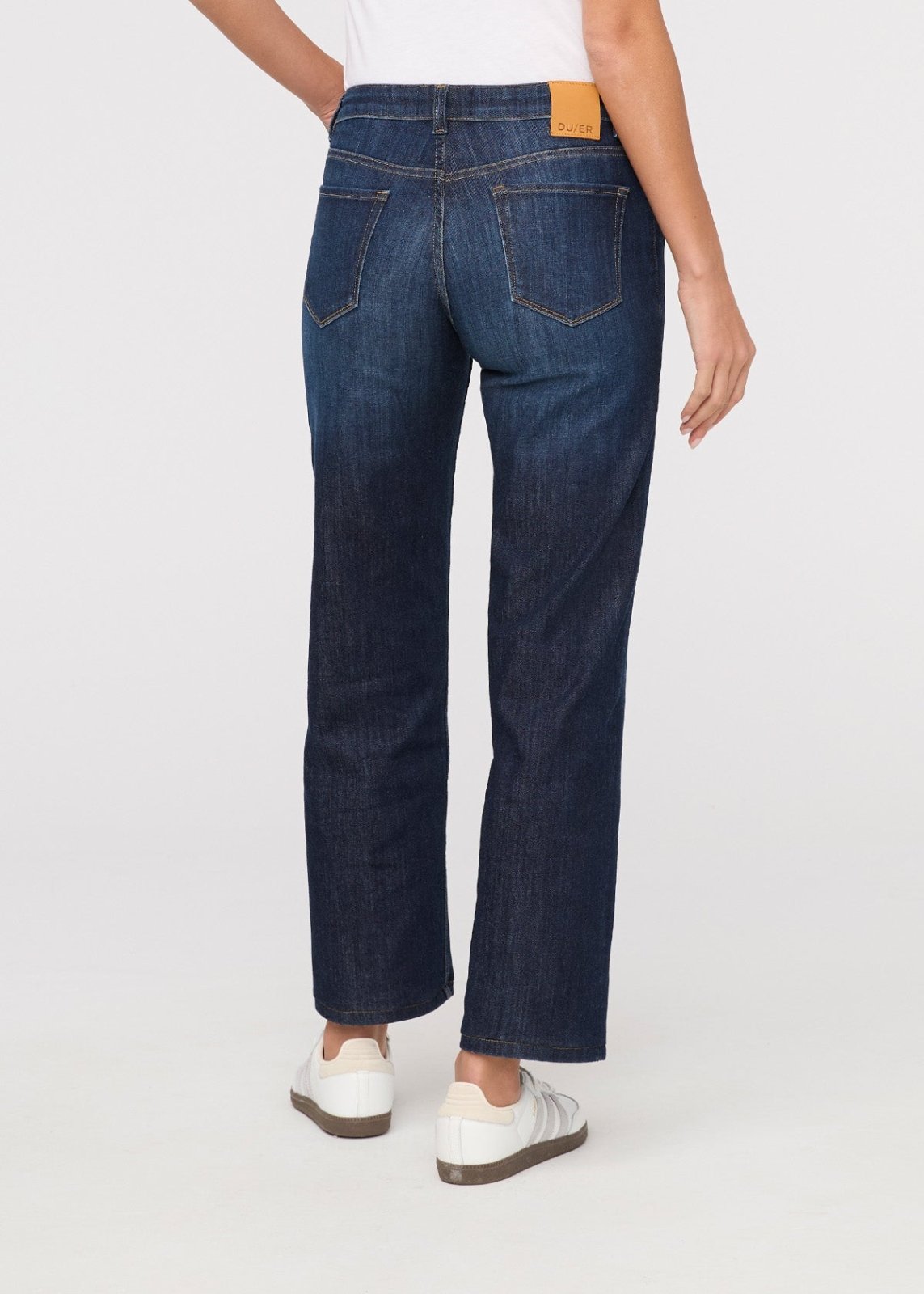 womens marina blue mid rise straight stretch jeans back