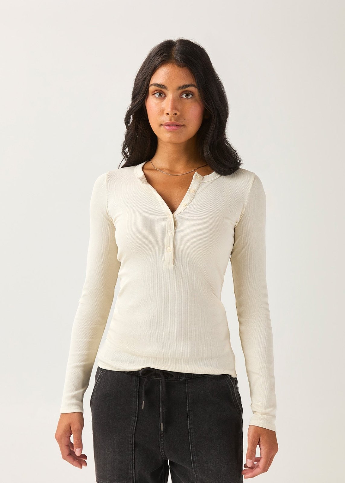 Ribbed Pima Long Sleeve Henley - Ecru | DUER