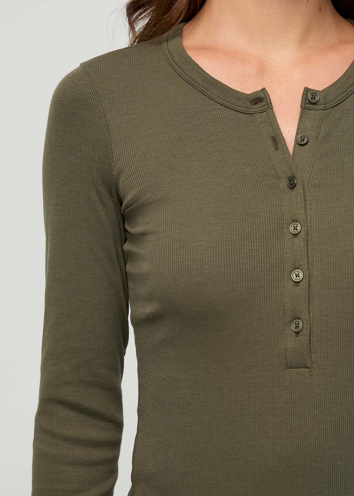 Ribbed Pima Long Sleeve Henley - Kelp | DUER